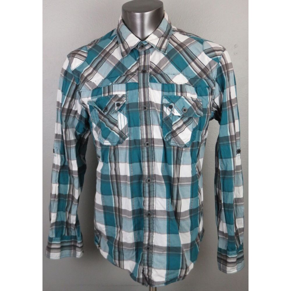 Mens Buckle BKE Blue White Gray Plaid Size L Athletic Long Sleeve Button Front